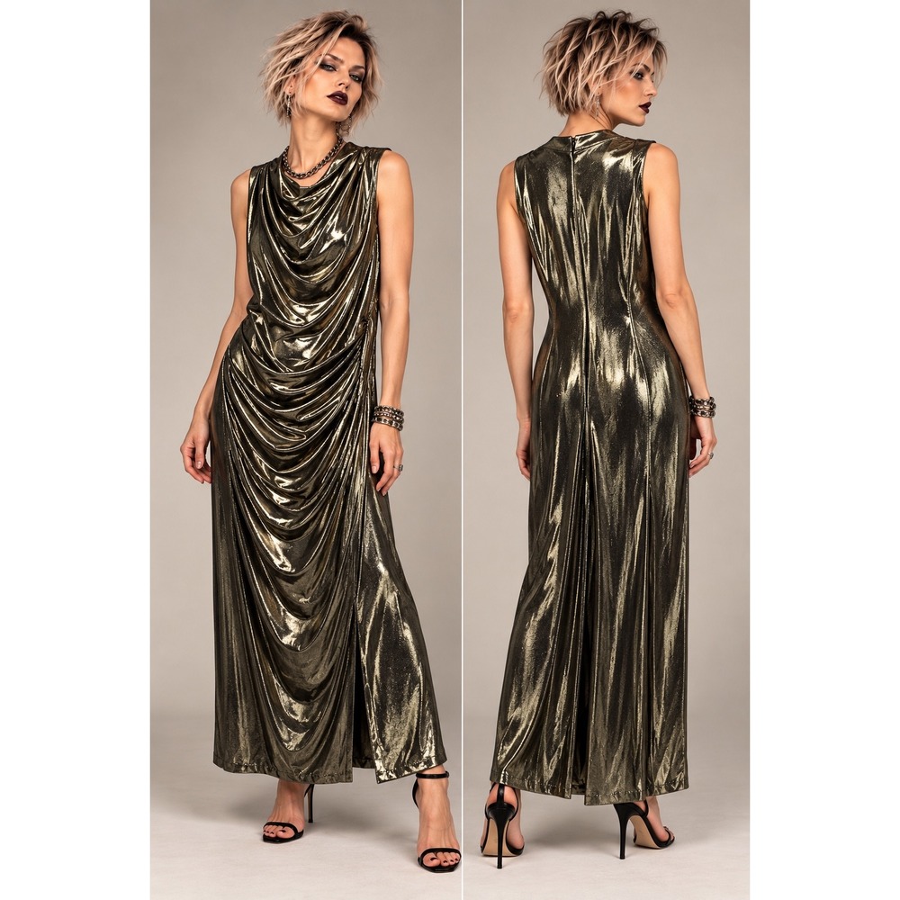 Vince Camuto 14 Metallic Bronze Cowl Neck Ruched Maxi Dress